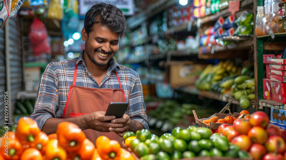 Obraz premium Indian vegetable and fruit seller In a small grocery store Sitting happily looking at the phone. Occupation, Food, Online