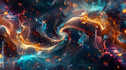 An abstract cosmic scene with swirling galaxies, nebulae, and stars in vivid colors, in 8K resolution photo