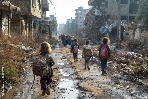 A group of young children trek through the ruins of a once bustling city, now silent and destroyed