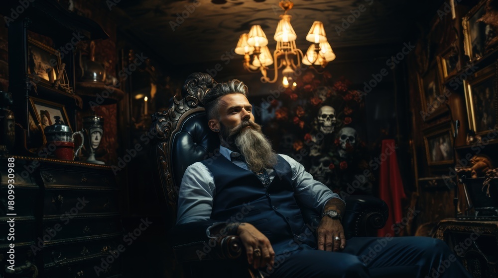 Elegant Bearded Man in Luxurious Vintage Barbershop Setting with Dark, Moody Atmosphere