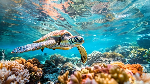 Captivating sea turtle swimming gracefully among vibrant coral reefs in a vivid underwater world photo