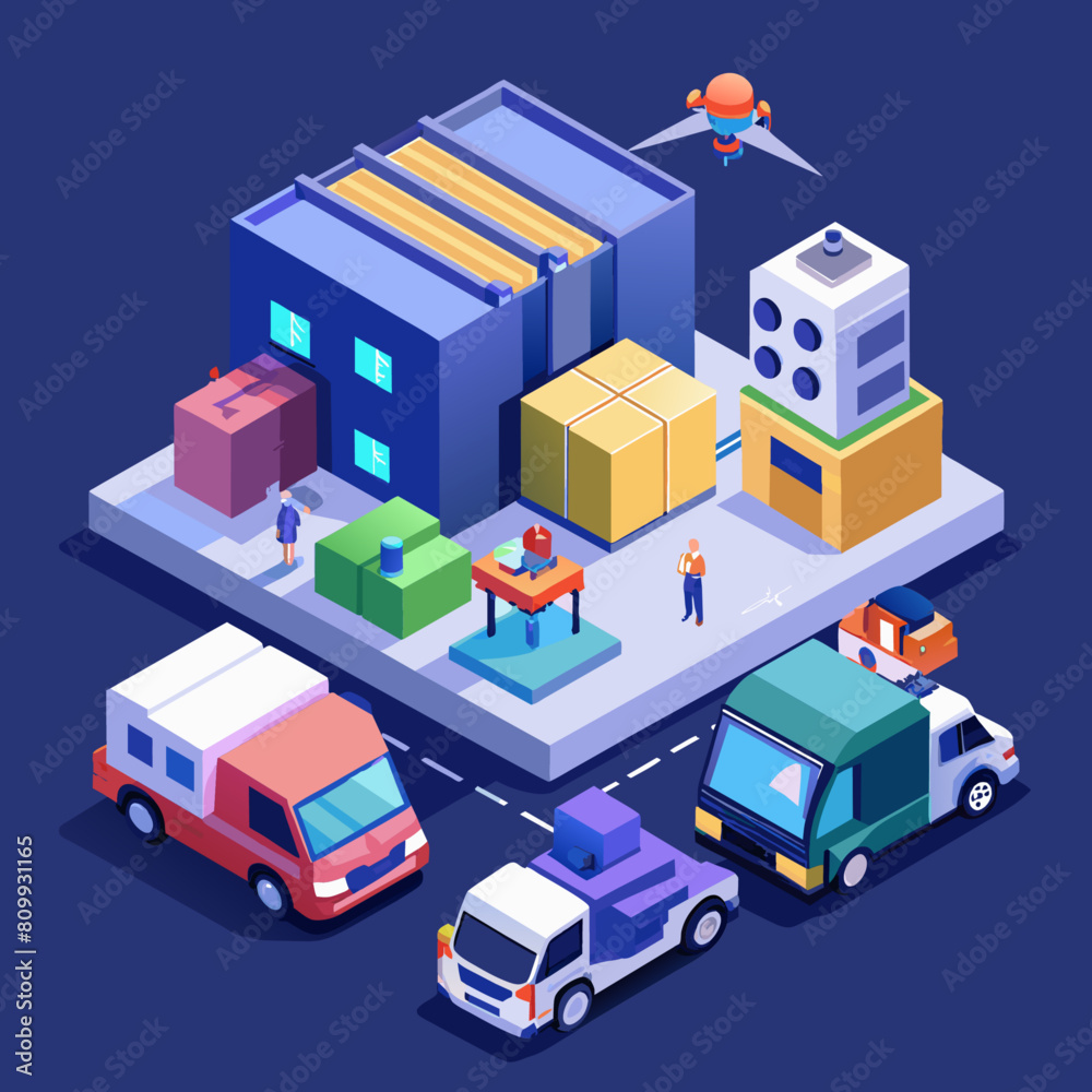 Smart logistics and supply chain. Autonomous trucks and warehouse robots. Efficiency technology. Low poly vector illustration with 3D effect on logistics center background. Smart logistics and supply chain. Autonomous trucks and warehouse robots. Efficiency technology. Low poly vector illustration with 3D effect on logistics center background.
