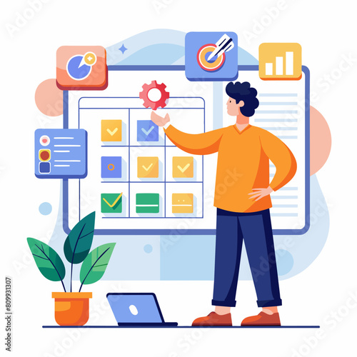 Agile software development or project management using kanban or scrum methodology boards. Process, workflow, visual organisation tools. Finger touching virtual interface.