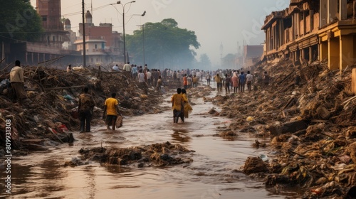 Group of People Navigating Through a Flooded River Amidst Debris in Urban India photo