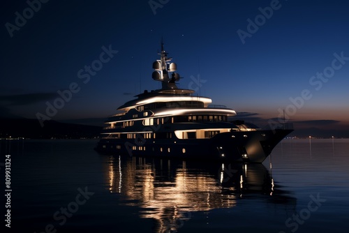 Superyacht at water night. Mega sea port. Generate Ai