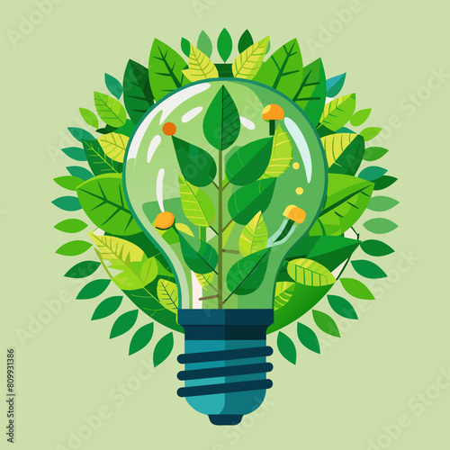 Green eco friendly lightbulb from fresh leaves top view, concept of Renewable Energy and Sustainable Living