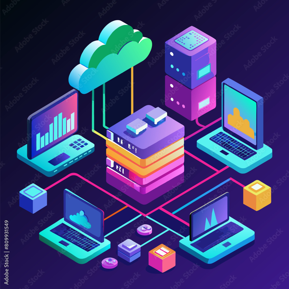 Cloud technologies concept. Data center concept. Modern cloud technologies. Neon rainbow colors, cyber space, isometric illustration network with computer, laptop, tablet and smartphone.