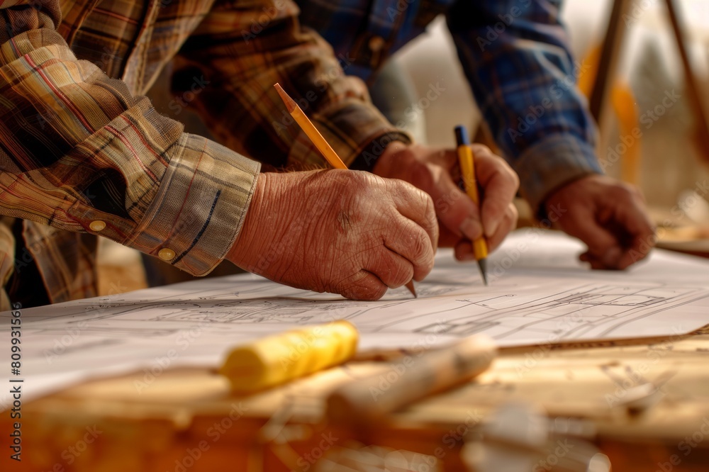 Two architects are drawing blueprints with pencils. Professional architects are designing a building. Two architects are drawing blueprints with pencils. Professional architects are designing a building.