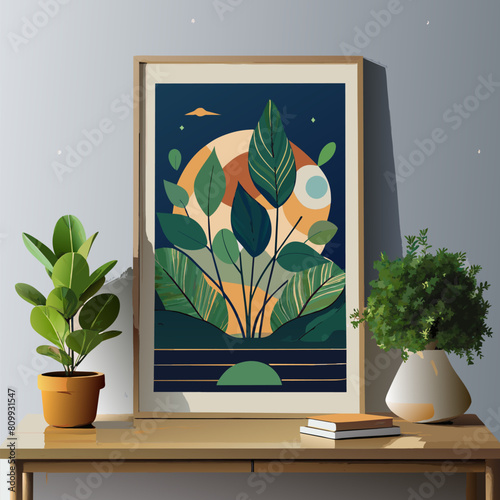 A vertical wall art poster frame mockup hanging on a wall above a desk with a plant