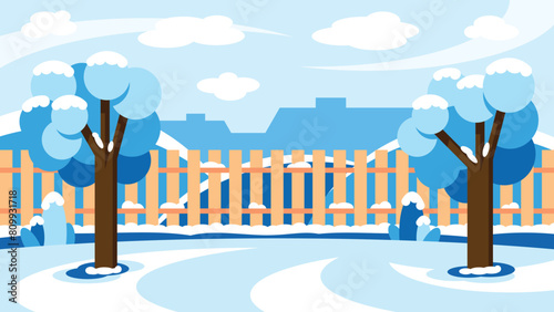 Winter landscape illustration. Background for banner, greeting card or poster. Lovely rural nature. Flat style background