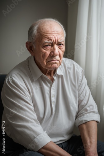 Lonely senior adult white caucasian divorced man with wrinkled skin