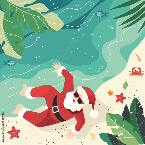 Summer banner with Santa Klaus on the beach close to the sea, different beach elements. Vector illustration in flat style