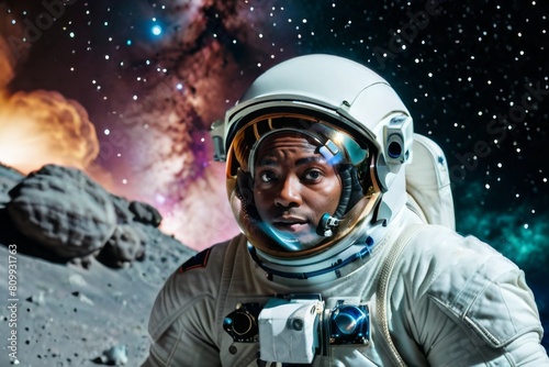 Confused black african american astronaut on rocky planet in front of colorful space nebula © Alex