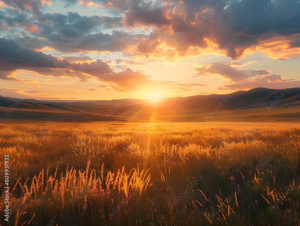 Obraz premium Golden Sunset Over Rolling Hills and Wildflowers Ai generated
