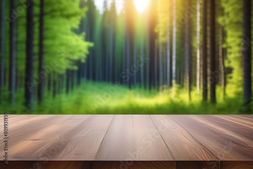 The empty wooden table top with blur background of boreal forest. Exuberant image 