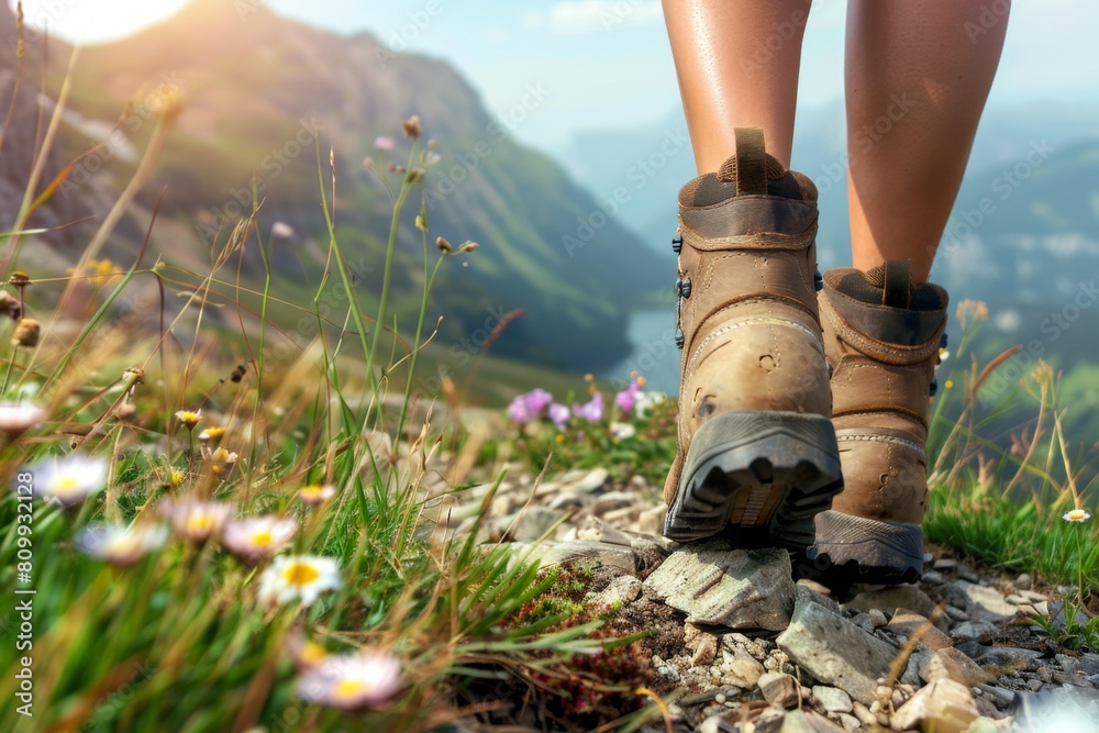 Woman boots walking down hike trail, mountains, orange warm sun flare Woman boots walking down hike trail, mountains, orange warm sun flare