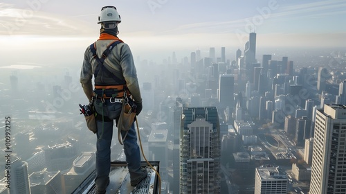 Construction Worker Standing on HighRise Building Overlooking Cityscape Generative ai photo