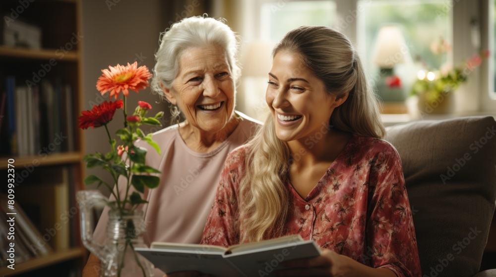 Senior Woman Enjoying Time with Young Woman at Home, Sharing Stories and Laughter Senior Woman Enjoying Time with Young Woman at Home, Sharing Stories and Laughter