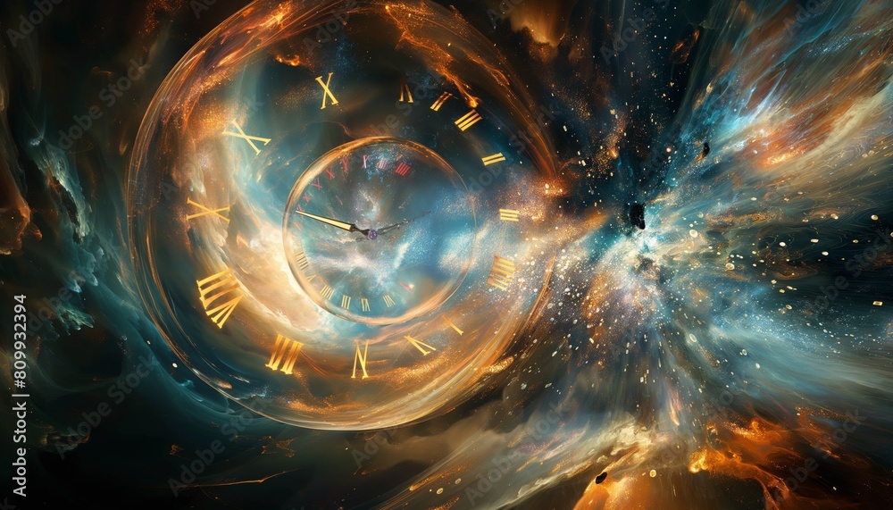 Time travel concept, clock dial numbers in colorful swirling spiral ...