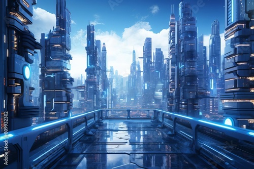 Futuristic scifi scene of a hightech city powered by oversized glowing plugs and sockets.
