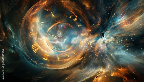 Time travel concept  clock dial numbers in colorful swirling spiral space nebula