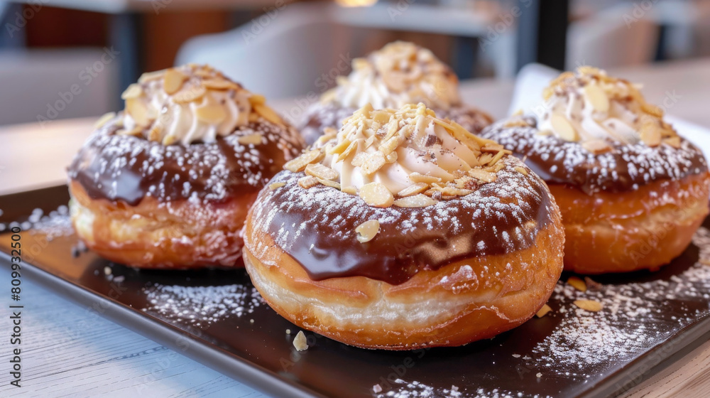 Delicious chocolate glazed doughnuts with almond slices on a contemporary black plate, highlighting croatian dessert cuisine Delicious chocolate glazed doughnuts with almond slices on a contemporary black plate, highlighting croatian dessert cuisine