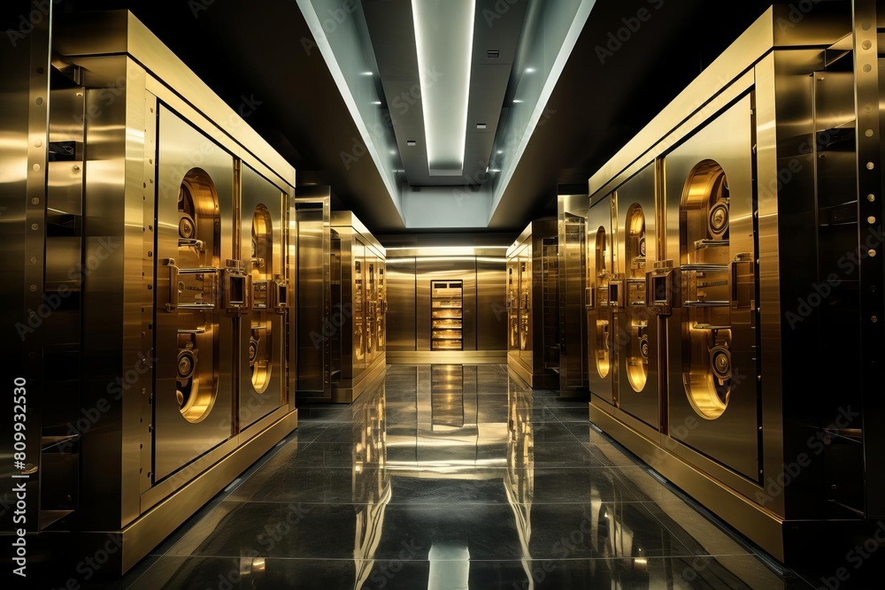 Sleek modern bank vault with a row of steel lockers.