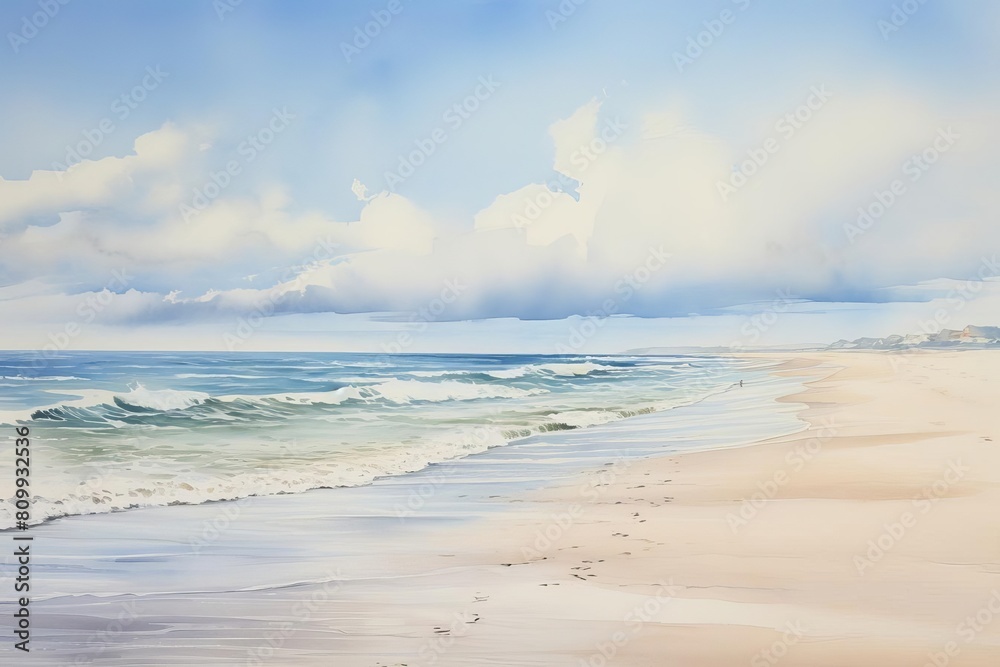 Fototapeta premium Tranquil beach scene painted in watercolors, featuring soft waves lapping at a sandy shore.