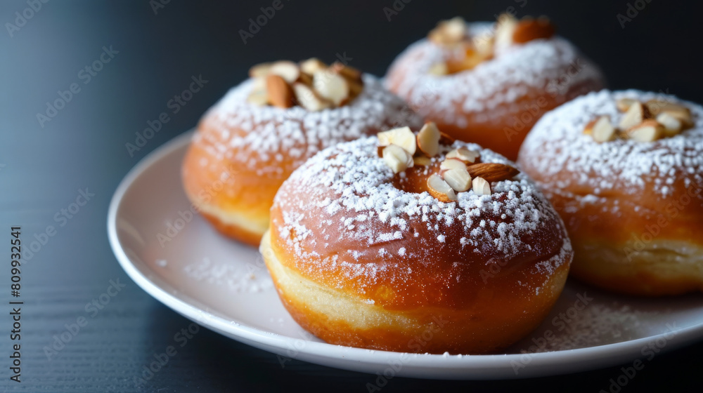 Freshly baked croatian doughnuts topped with powdered sugar and almonds, served on a white plate against a dark background