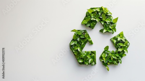 Green leaves forming a recycle symbol on white background.