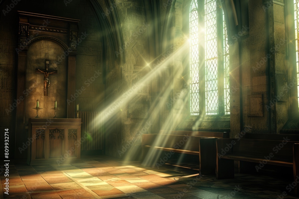 3D rendering of an old church confessional bathed in crepuscular rays streaming through stained glass, under moody atmospheric lighting,