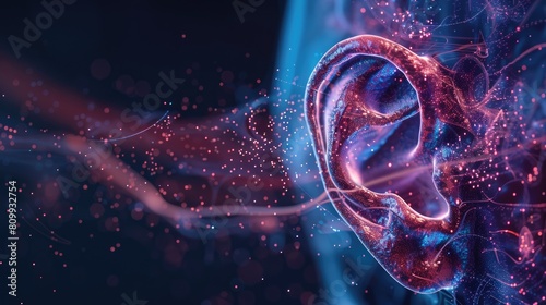 Detailed 3D render of the human ear and auditory pathway, presented in a scientific diagram style with deep, moody lighting effects, photo