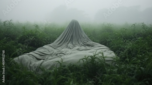 Surreal Morning Dew: Woman Wakes up Covered in Bedsheet Amidst Foggy Green Field photo