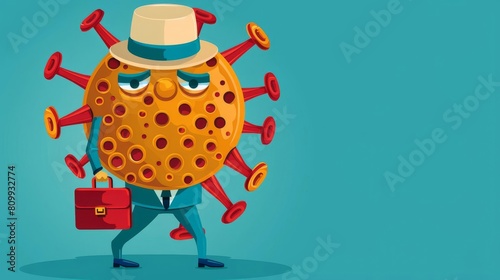 Flat design icon featuring a virus wearing a businessmans hat, holding a briefcase, ideal for presentations on infectious marketing strategies