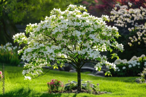 White Striking Flowers of Kousa Shrub: Capturing the Beauty of Spring in a Garden Landscape photo