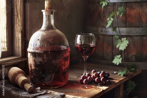 Wine Carboy and Glass. Aged Wine in Winery Demijohn for Fine Drinking Glasses photo