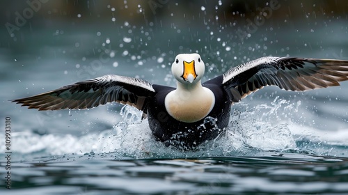 The male king eider is a type of duck. It was spotted in Batsfjord, which is in the northern part of Norway, in Europe. photo