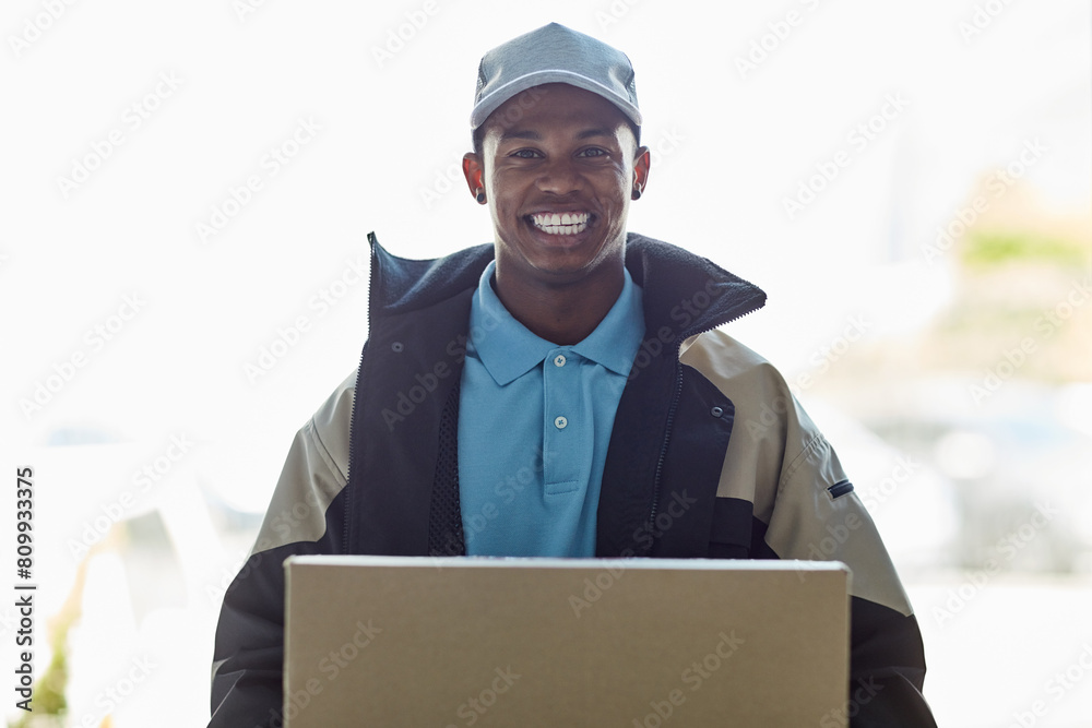 Smile, portrait and delivery man at front door with box for online shopping sales, distribution and transport service. Ecommerce, package and happy courier with supply chain, mail or post at house