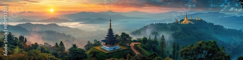 Serene Summit Sanctuary Majestic Wat Phra That Doi Suthep Shines Amidst Misty Mountain Peaks in photo