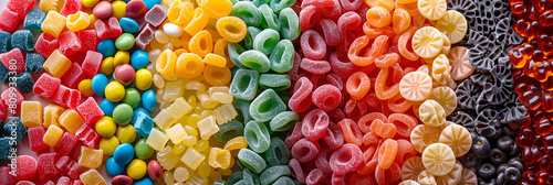 Top down view of various shapes of candies, gummy jellies, lolly, etc