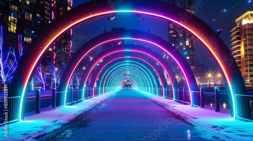 An arched bridge decorated with neon light sculptures and installations, adding an artistic touch to the cityscape.