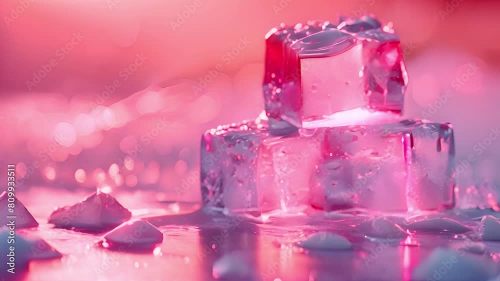 Three clear ice cubes covered in droplets of water, glistening and melting slowly on a sleek surface. Three clear ice cubes covered in droplets of water, glistening and melting slowly on a sleek surface.
