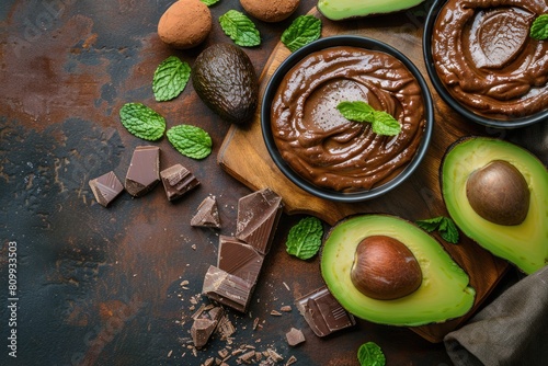 Top View Avocado Chocolate Mousse Dessert on Olive Wooden Board with Cocoa and Brown Background -