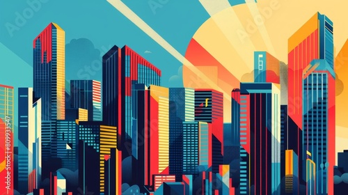 Capture a bustling cityscape with skyscrapers in vibrant, flat colors, conveying a sense of modernity and energy through crisp geometric shapes and clean lines