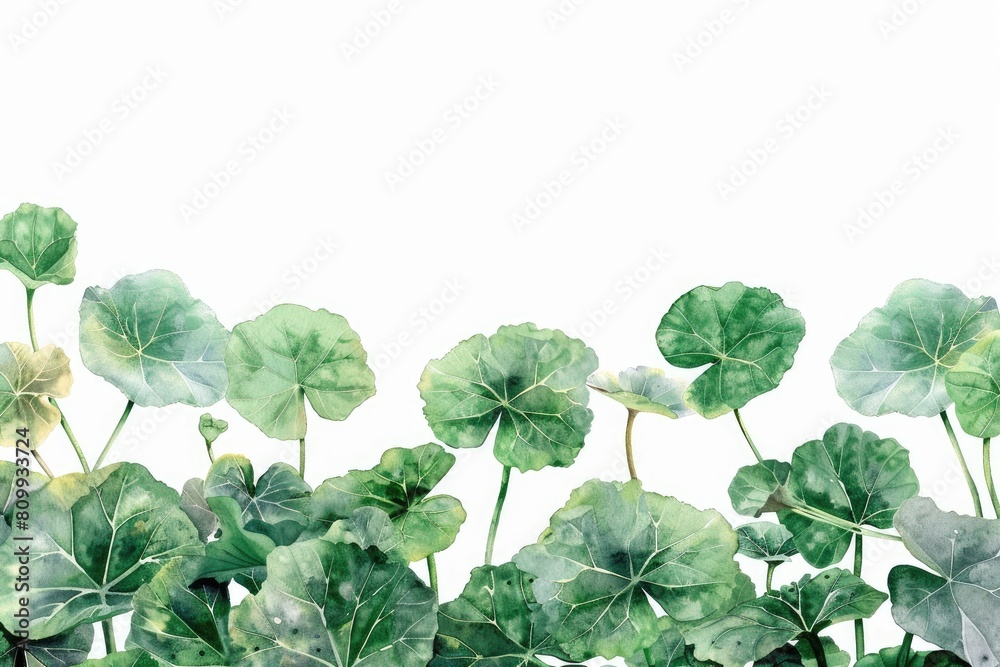 Watercolor centella asiatica leaves on a white background, Korean cosmetic product label Watercolor centella asiatica leaves on a white background, Korean cosmetic product label