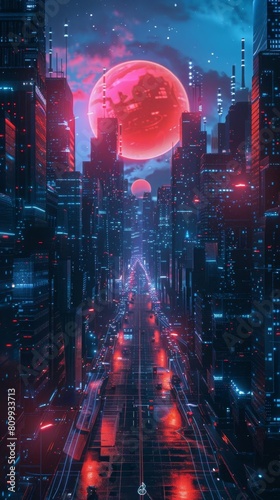 Capture a surreal, futuristic cityscape immersed in bioluminescent hues, showcasing holographic interfaces blending with neural network patterns, from an inverted perspective photo