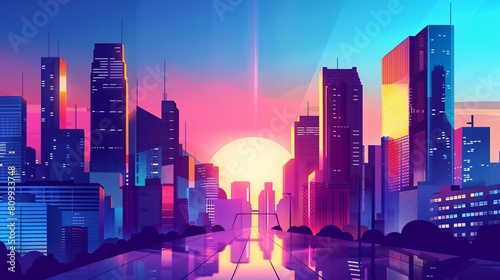 Capture a Tilted Angle View of a Modern Cityscape at Dusk, Emphasizing Sharp Lines and Bold Shadows Incorporate a Vibrant Color Palette to Evoke a Sense of Urban Energy