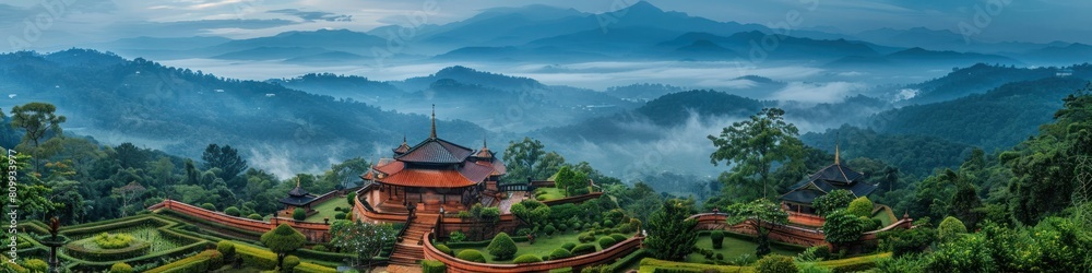 Panoramic Hilltop Harmony of Wat Phra That Mae Yen Temple Amid Rugged Scenic Vistas in Thailand