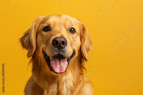 A cheerful golden retriever with a joyful expression, framed against a vibrant yellow background, exemplifying happiness and loyalty in pets, Generated AI