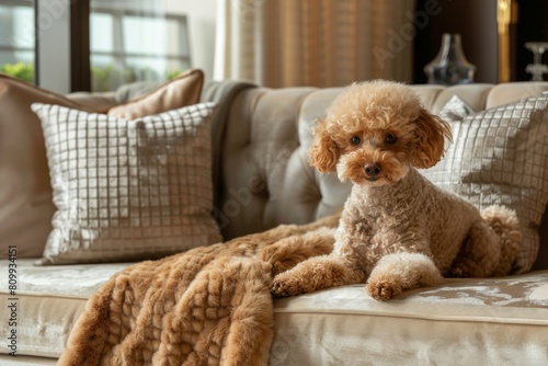 This image features a charming poodle lounging on a luxurious sofa, surrounded by stylish pillows and a soft blanket, capturing a sense of comfort and domestic bliss. Generated AI